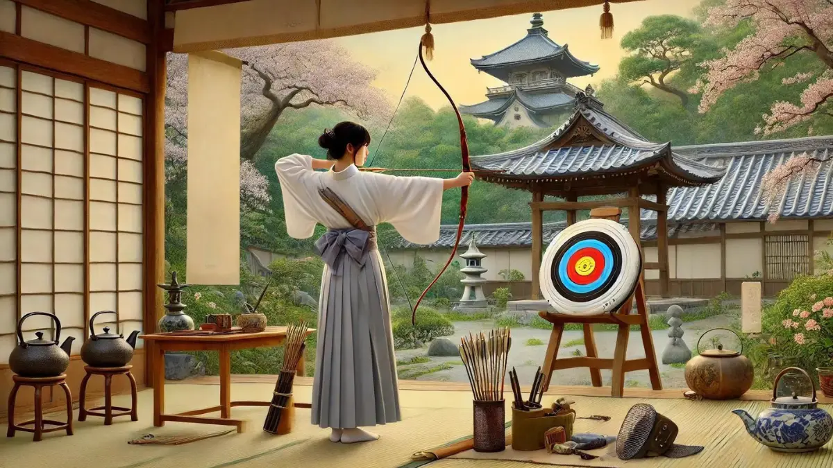Yoshiko Kawashima, dressed in traditional Japanese attire, practicing archery in a serene Japanese garden. The background features a blend of Chinese and Japanese architectural elements, symbolizing her dual heritage. Yoshiko stands poised with a bow, surrounded by elements of traditional Japanese arts, such as calligraphy scrolls, a judo dojo, and fencing equipment. The garden is lush with greenery and cherry blossoms, highlighting the peaceful yet disciplined environment of her upbringing in Tokyo