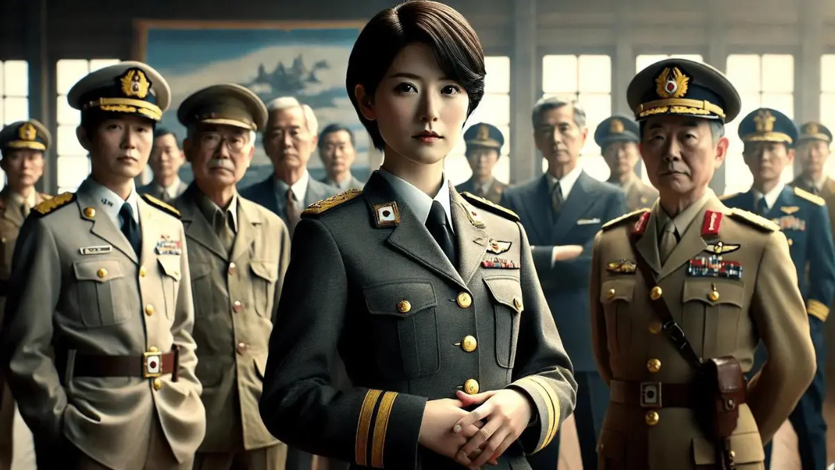 Yoshiko Kawashima with short hair, dressed in a man's uniform, standing confidently among male military officials. The background features a setting that suggests military strategy and planning, with Yoshiko clearly in a leadership role. The atmosphere reflects her significant position and respect among the officials, capturing her skills and authority