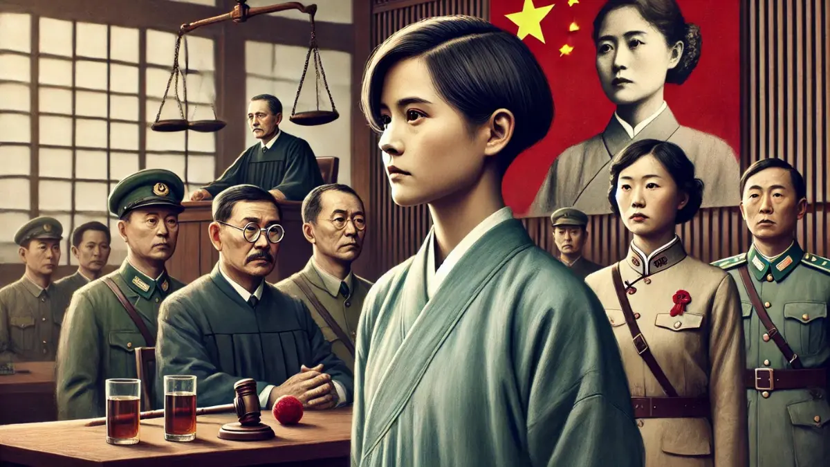 Yoshiko Kawashima, facing execution for treason by the Republic of China in 1948, with short hair cut like a man. The scene is somber and tense, with Yoshiko dressed in simple, traditional attire, standing resolutely. The background features elements of both Chinese and Japanese influences