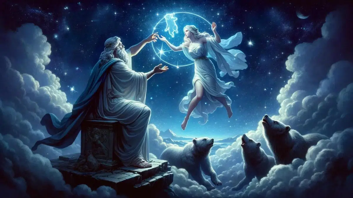 a celestial scene depicting Zeus placing Callisto and Arcas in the sky as constellations. Callisto is shown transforming into Ursa Major, the Great Bear, while Arcas becomes Ursa Minor, the Little Bear. The background is a night sky filled with stars, with the constellations of Ursa Major and Ursa Minor shining brightly. Zeus, portrayed as a powerful figure, gestures towards the sky, symbolizing his divine action
