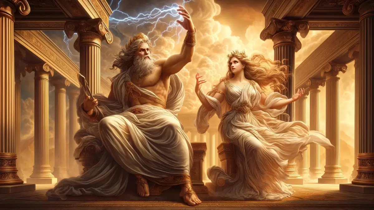 Zeus, the king of the gods, and Leto, a Titaness, in a grand, mythological setting. Zeus is portrayed as a powerful and regal figure with a flowing beard and a thunderbolt in one hand, symbolizing his dominion over the skies. Leto is depicted as an elegant and serene Titaness, with long flowing hair and a gentle expression, symbolizing her nurturing nature. The background features towering columns and a dramatic sky with swirling clouds and bolts of lightning