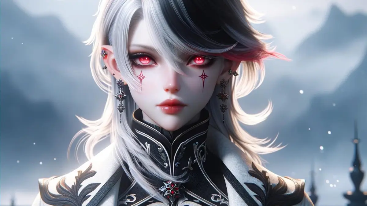 A fantasy character inspired by a game, depicted as a tall woman with pale skin and unique red 'X'-shaped pupils. Her medium-long white hair with black streaks is swept to the right side of her head. She wears small earrings with a black and white snowflake pattern. Her attire is a stylish uniform coat typical of the Harbingers, detailed with intricate patterns and a high collar.