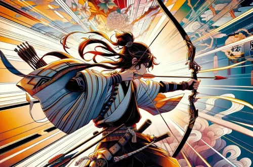 illustration features a dynamic anime character with a bow and arrow, set against a backdrop that blends traditional and futuristic elements. This vibrant scene highlights the skill, discipline, and energy of archery as portrayed in anime