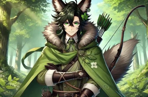 Tighnari from Genshin Impact. He has long, dark green hair with lighter green highlights, styled into a high ponytail with some strands falling around his face. He possesses large, fox-like ears and a bushy tail, both resembling those of a fennec fox, covered in dark fur with lighter tips. His eyes are a striking shade of green, reflecting his Dendro element and connection to nature. Tighnari wears a ranger-inspired outfit that combines practicality with elegance, including a green and brown tunic adorned with various botanical motifs and a long, flowing cape. He also wears fingerless gloves and sturdy boots suitable for forest terrain. He carries a bow and is often seen with a quiver of arrows.