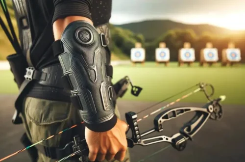 a detailed view of an archer wearing a modern arm guard with key features visible. The background subtly includes an archery range, enhancing the archery context of the image.