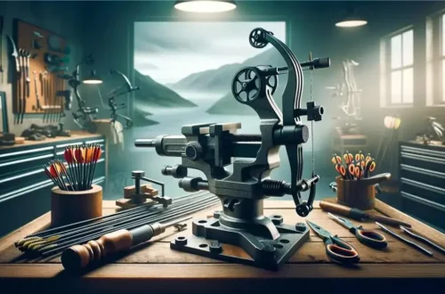 features a bow vise holding a compound bow, set in a well-equipped archery workshop. The image emphasizes the vise's sturdy design and functionality in bow maintenance