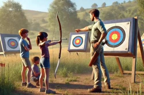 an archery instructor helping two or three kids during an archery practice session. The scene is set outdoors in a grassy field with a few trees in the background on a sunny day. The instructor, dressed in casual outdoor attire, is standing beside one of the kids, demonstrating the correct stance and posture while ensuring the arrow is safely aimed at a target in the distance. The other kids are standing nearby, watching attentively or preparing to take their turn, all facing the target area