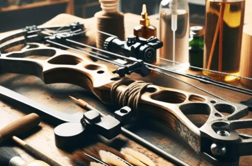 archery equipment is on a wooden table with some jars