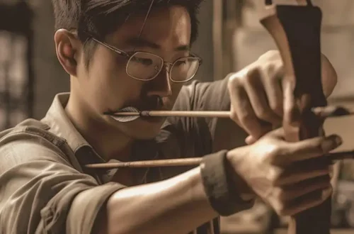 man with glasses works with stringing a bow in archery