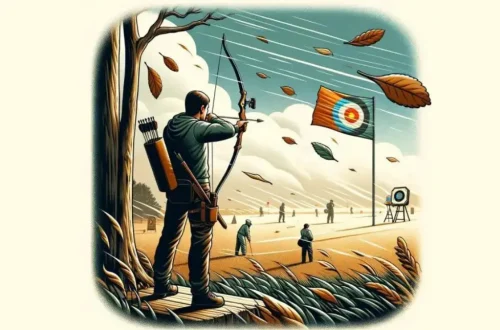 image representing 'Archery Wind Reading Skills'. The scene depicts an archer at an outdoor range, demonstrating the skill of reading wind conditions