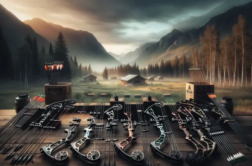 features a collection of Bear bows, set in an outdoor archery range, highlighting the variety and quality of the brand's products