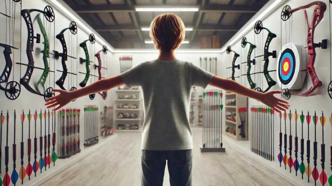 a child standing with arms fully outstretched in an archery shop. The child, around 10-12 years old, is standing confidently with arms extended horizontally, palms facing forward. The shop is well-organized with various bows, arrows, and archery equipment displayed on the walls
