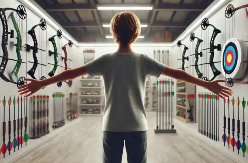 a child standing with arms fully outstretched in an archery shop. The child, around 10-12 years old, is standing confidently with arms extended horizontally, palms facing forward. The shop is well-organized with various bows, arrows, and archery equipment displayed on the walls