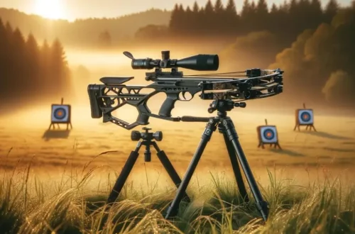 features a modern crossbow mounted on a sturdy tripod, set against a serene backdrop of a grassy field, early morning light, and a misty forest with archery targets. This scene is designed to embody precision, stability, and the art of archery