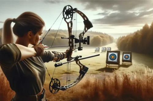 a woman using a compound bow, aiming at a target. The setting and her focused stance highlight the skill and concentration involved in archery