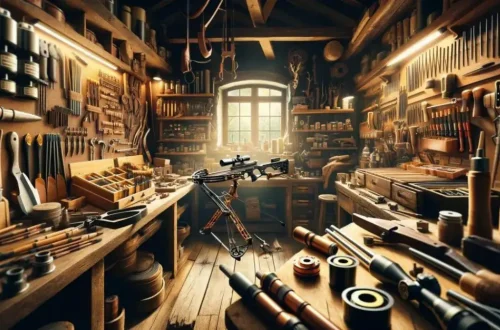 features a detailed workshop scene filled with various crossbow accessories, blending old-world craftsmanship with modern precision. This setting is designed to convey a sense of expertise and passion for crossbow hunting and archery