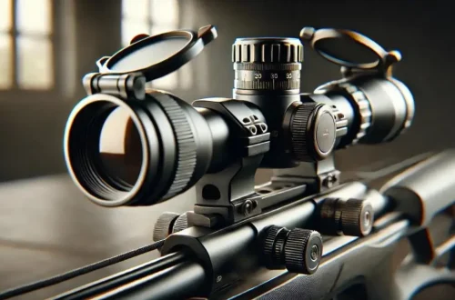 A realistic, high-quality image focusing on a crossbow scope. The crossbow scope is mounted on a crossbow, showcasing its details and design. The scope is sleek, with clear optics and adjustment knobs, highlighted in a well-lit environment. The crossbow is placed on a table or stand, with the background slightly blurred to keep the focus on the scope
