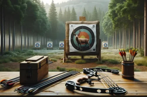featuring a realistic archery range scene with a life-sized deer target, set against a natural backdrop to enhance the practice experience