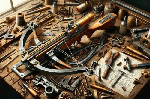 showcases a crossbow in various stages of assembly, surrounded by the tools and materials used in its construction, set in an artisan's workshop