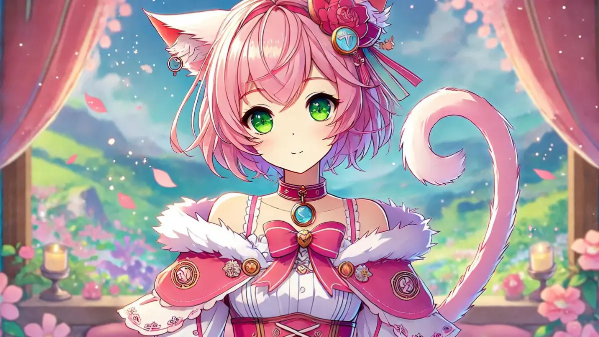 anime image of Diona from Genshin Impact. Diona is a 12-year-old girl with cat ears and a cattail, pink hair with a short ponytail on her forehead, and green eyes. She should be depicted in her usual outfit, which includes a mix of pink and white colors with cute, feline-inspired accessories. The background should be a vibrant and whimsical landscape, capturing the colorful and magical art style of the game.