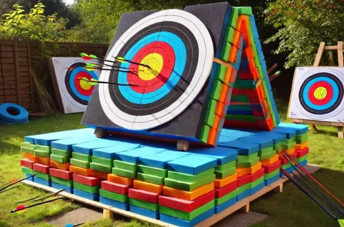 a DIY archery target constructed from large 2 feet by 2 feet floor foam mats, each mat in different colors. The target is set up outdoors, showing a multi-layered structure where the colorful mats are stacked to form a sturdy target. The vivid colors of the mats contrast against a natural outdoor background, enhancing the visual appeal of the DIY setup