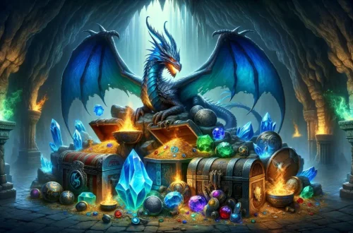 a dragon perched atop a large treasure pile inside a cavernous setting. The treasure includes various fantastical objects such as glowing gems, ancient scrolls, and mystical artifacts that symbolize mods and improvements for an online fantasy game. The dragon is designed with vibrant scales, perhaps blue and silver, with fiery eyes and smoke curling from its nostrils. The cavern is dimly lit, with mysterious runes and magical light sources highlighting the treasures and the dragon's majestic form