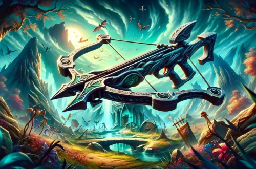 the essence of the Dragon Hunter Crossbow from Old School RuneScape (OSRS), set in a fantastical landscape reminiscent of the Chambers of Xeric. The design showcases the weapon's intricate details and dragonbane qualities against a mystical, dragon-inhabited land