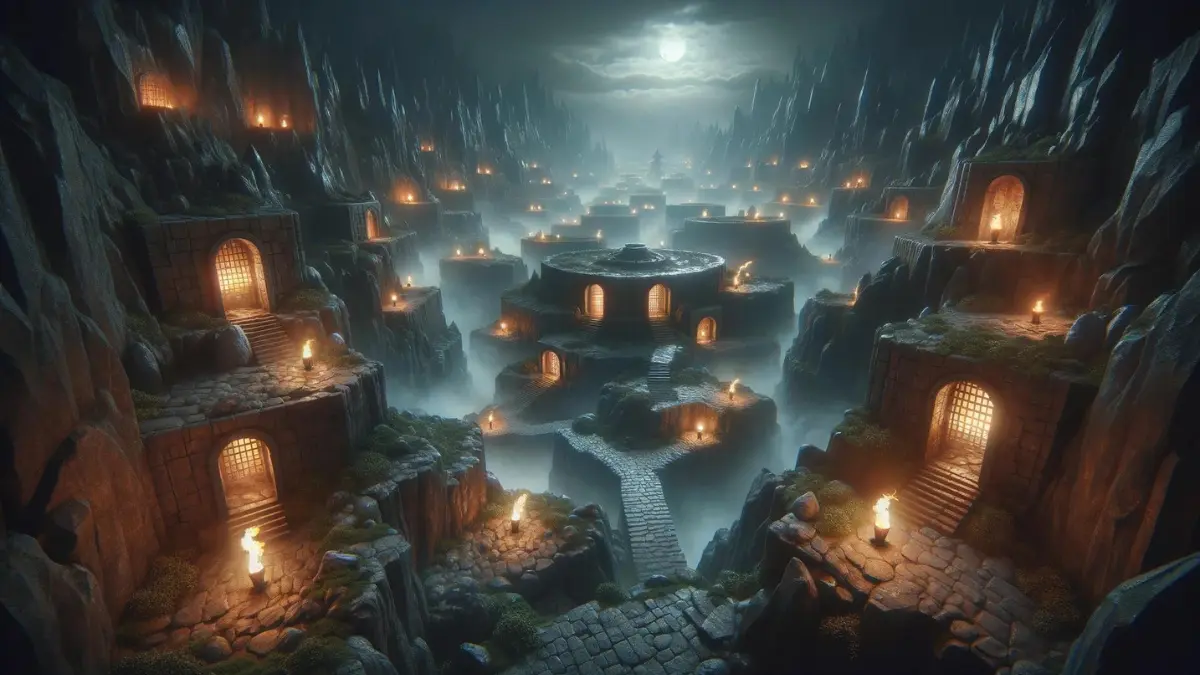 A panoramic view of a series of dimly lit dungeons inspired by generic fantasy landscapes. The scene features multiple dungeon entrances set into a rocky, uneven terrain. Each entrance is marked by torches with flickering flames casting eerie shadows on the stone. The ground is covered with moss and small, creeping vines. The atmosphere is misty, adding a sense of mystery and danger. In the background, a full moon peeks through scattered clouds, providing a pale light that illuminates the rugged landscape.