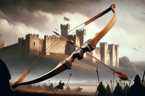 an English Longbow, set against a backdrop that hints at its historical significance and use in medieval warfare