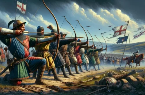 captures the intensity and skill of English longbow archers, set against the backdrop of a battlefield from the era