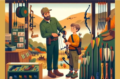 depicting a child receiving their first set of archery equipment.