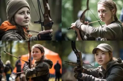 four modern women archers hold their bows and check draw weight while in the woods