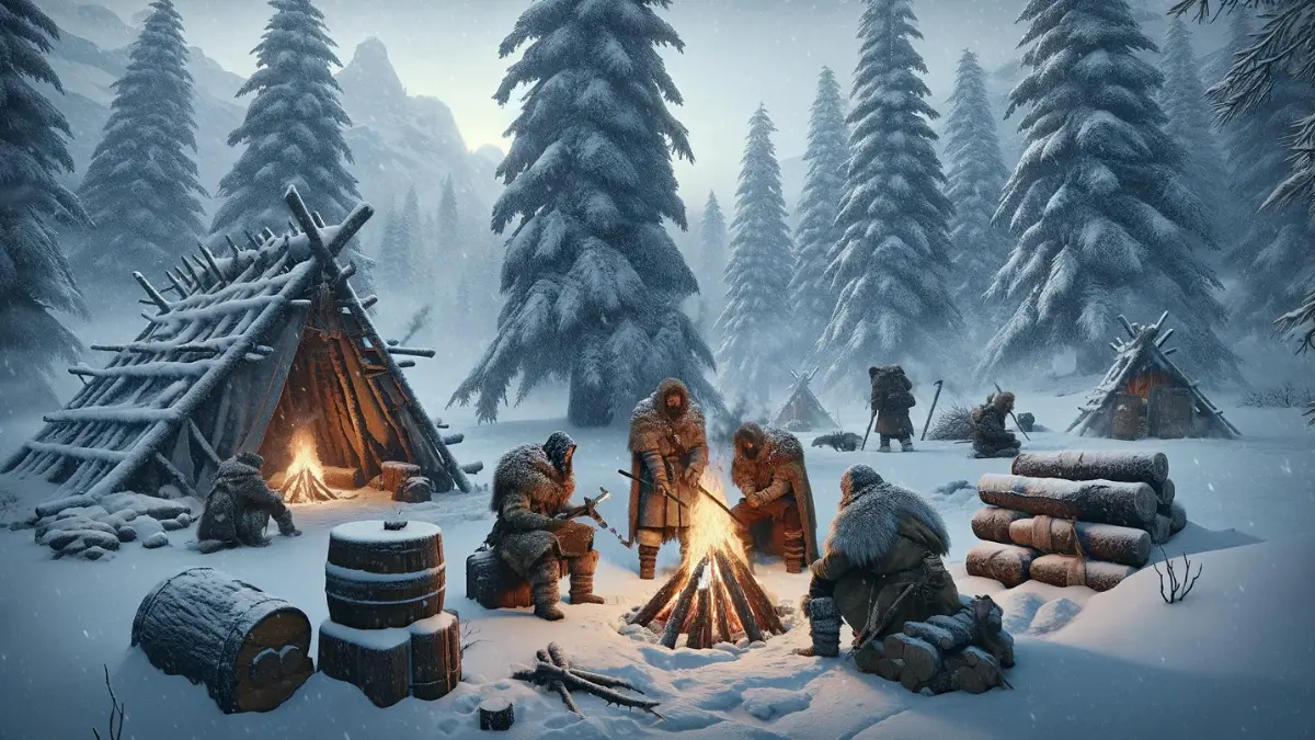 a survival scene inspired by the mod 'Frostfall' for a fantasy game. The scene shows a snowy, frigid landscape with a group of adventurers gathered around a fire. They are dressed in thick, fur-lined cloaks and boots, huddled close to the flames. The background features towering pine trees heavy with snow and the sky is overcast, enhancing the feeling of cold