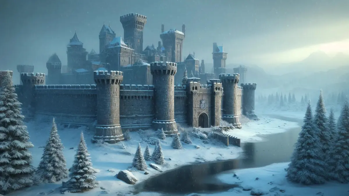 A fantasy image of a generic medieval fort in a wintry setting, inspired by northern landscapes. The fort is constructed of heavy stone with towering walls and snow-dusted battlements. In the foreground, a frozen river winds its way past the fort, reflecting the pale winter sunlight. Snowflakes gently fall from a grey, overcast sky. Sparse evergreen trees dot the landscape, their branches heavy with snow. The scene is set during twilight, with soft blue and grey tones dominating, creating a cold and mysterious atmosphere