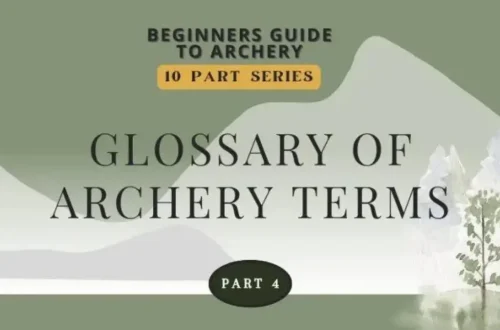 poster style with words "glossary of archery terms" with green and white illustration of mountains and trees in background