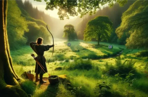depicts a serene and picturesque landscape, highlighting a person in medieval attire practicing archery in a lush green forest. It's designed to visually complement the essence of learning and practicing archery in harmony with nature