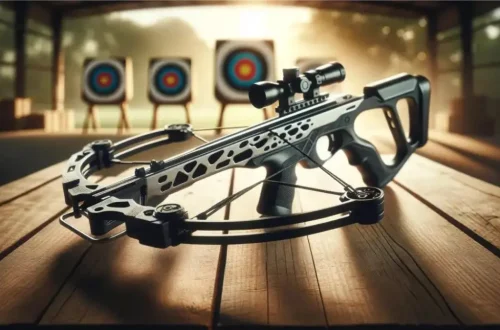 a light crossbow for archery, featuring a sleek, modern design that emphasizes its lightweight and ease of handling against a backdrop suggesting precision and the sport's natural setting