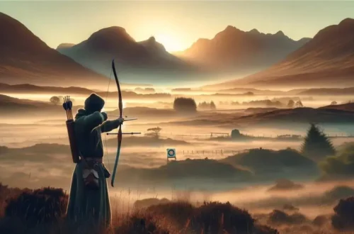 It depicts an archer in traditional attire aiming a longbow at a distant target, set against a vast, serene landscape with a mountain range in the background. This setting captures the essence of long-range archery, emphasizing skill, patience, and a deep connection with nature