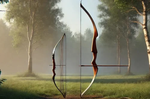 a traditional longbow and a short bow placed side by side in a natural outdoor setting. The longbow is tall, straight, and simple in design, representing its classic and historical craftsmanship. Beside it is the short bow, a smaller version of the longbow, compact and also straight. Both bows are displayed on a grassy field or against a backdrop of trees, with soft natural light highlighting their features