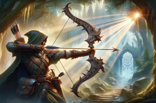 captures the essence of the longbow in Dungeons & Dragons 5th Edition. This scene, featuring a character with a longbow in a mystical setting, aims to embody the adventure, strategy, and magic of D&D gameplay
