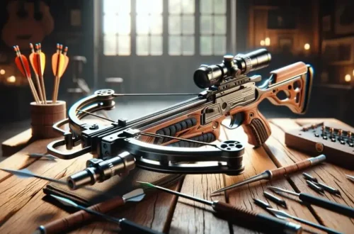 mini crossbow is designed to highlight the precision and craftsmanship of mini crossbows, set against a background that blends traditional and modern elements