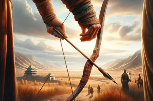 features a Mongolian bow, highlighting its distinctive shape and historical significance, set against a backdrop that reflects its historical context. The image invites appreciation for the elegance, power, and craftsmanship of the Mongolian bow
