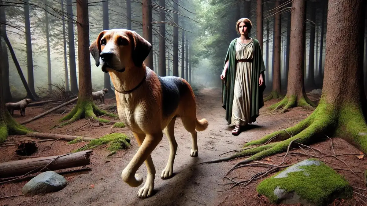 Maera, the loyal hound of Erigone, daughter of Icarius of Athens, leading Erigone along a trail in the woods. Maera, a medium-sized, faithful-looking dog, leads the way on a forest path. Erigone, a young woman in traditional ancient Greek attire, follows closely with a look of determination and sorrow. The setting features dense trees and a natural trail, capturing the somber atmosphere and the bond between Erigone and her loyal hound.