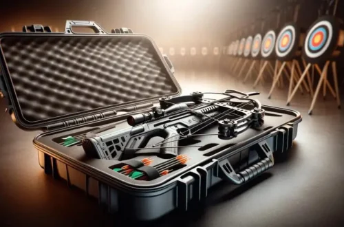 a crossbow case designed for archery, featuring a high-quality case with a snugly fitted crossbow inside, set against a background subtly hinting at the sport of archery.