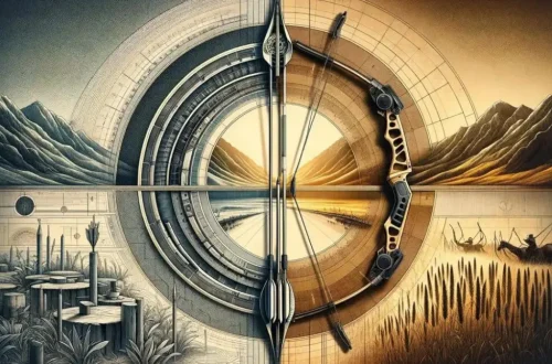 illustration contrasts a modern recurve bow with a traditional longbow, each set against a backdrop that highlights their unique characteristics and eras