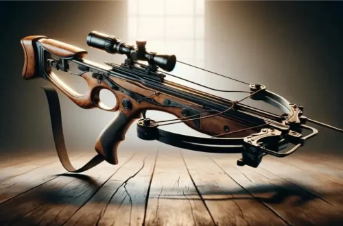 a recurve crossbow, emphasizing its unique design and functionality against a backdrop that subtly suggests its use environment