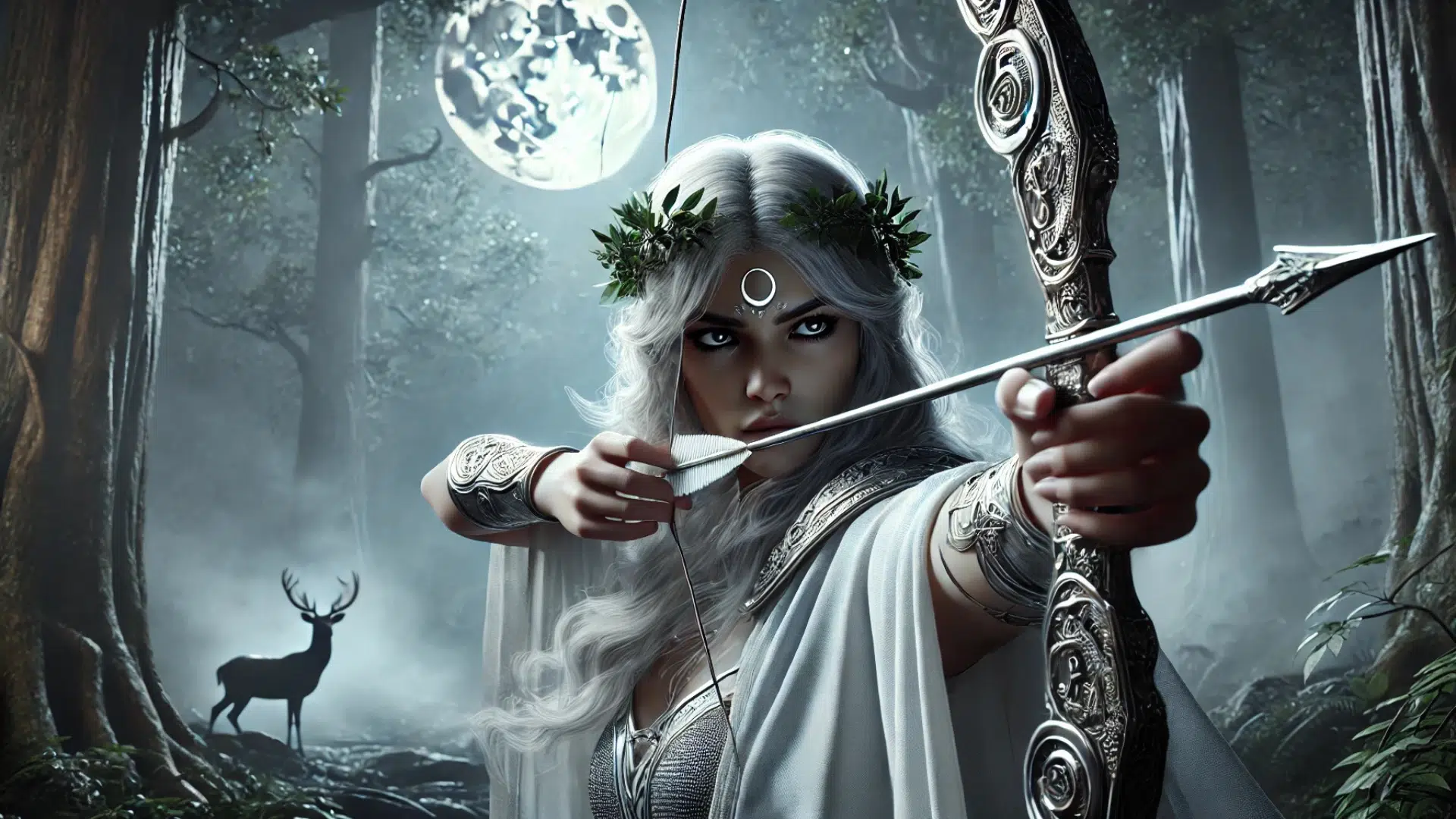 a silver haired artemis dressed in a white tunic, draws her arrow and bow under a shining moonlit sky