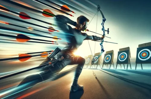 visually encapsulates the essence of speed archery, highlighting an archer in dynamic motion, precision, and skill