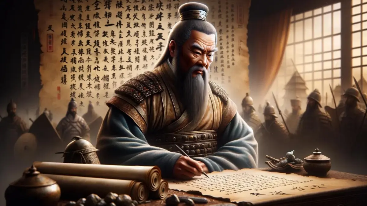 Sun Tzu in traditional Han dynasty attire, reflecting his contributions to military strategy and philosophy.
