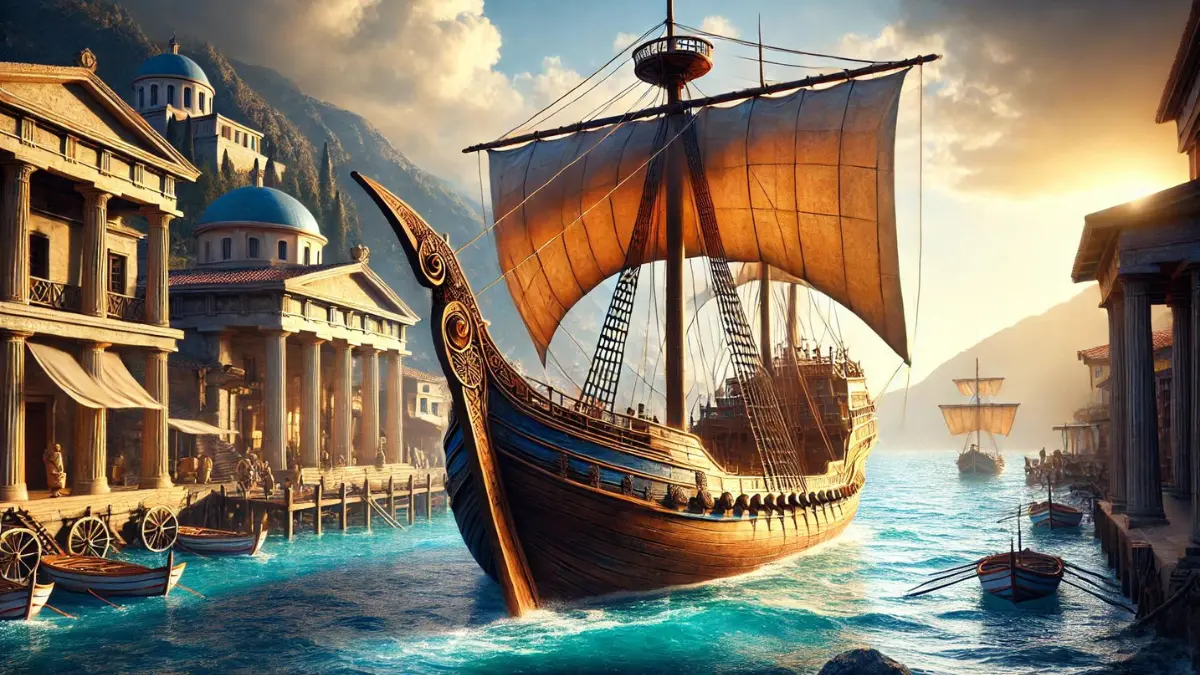 the Argo, the first ship capable of long voyages. The Argo features a sturdy hull and strong sails, symbolizing their daring quest. Prominently, it has a magical piece of wood from the sacred oak of Dodona in its prow, glowing faintly. The ship is docked in an ancient Greek harbor with clear blue waters and classical architecture in the background. The atmosphere is vibrant and heroic, capturing the essence of the legendary ship